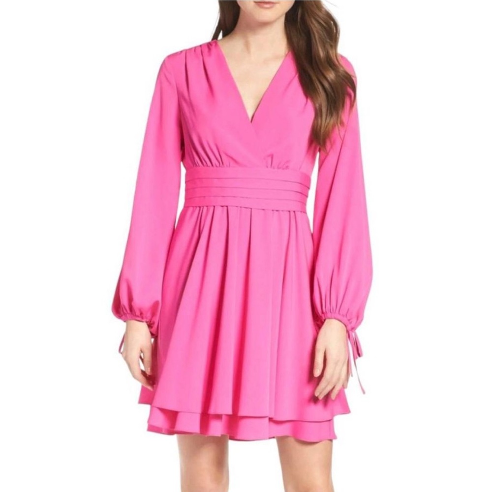Eliza J Fuscia Pink Fit and Flare Dress‎ Ruffle Tie Sleeve V Neck Cocktail